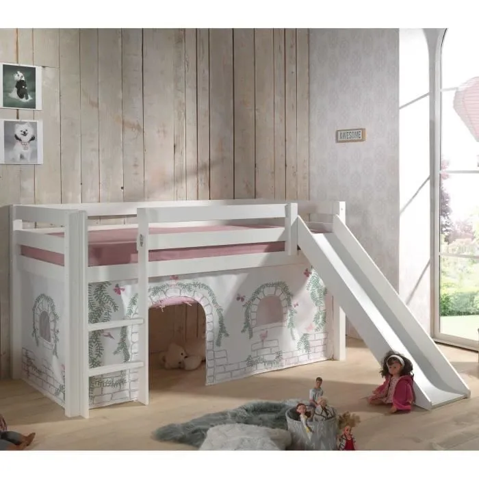 Lit mi-hauteur Astrid blanc avec toboggan et tente de lit Spring - VIPACK - en pin massif - pour enfant-0