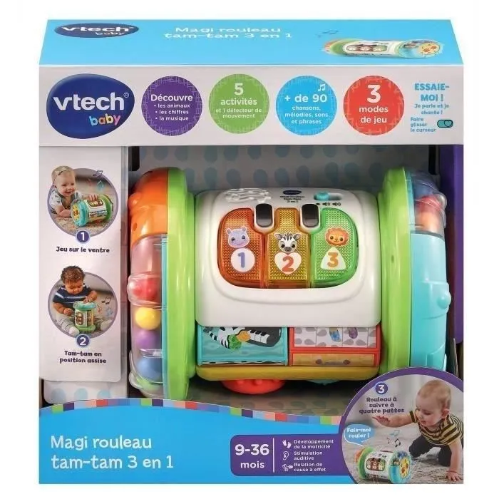 Rouleau d'activités interactif VTECH MAGI ROULEAU TAM-TAM 3 EN 1 pour bébé de 9 à 36 mois - Blanc/Multicolore-1