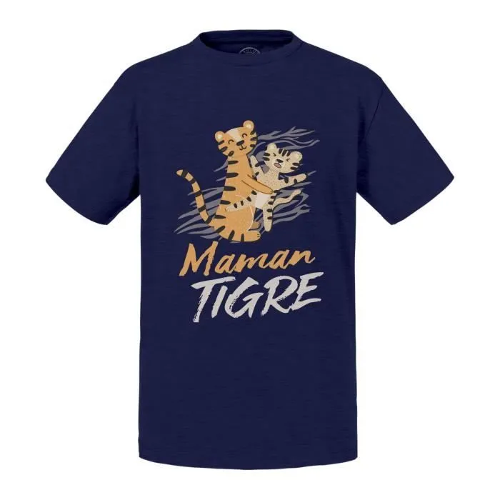 T-shirt Enfant Bleu Maman Tigre et son Bébé Dessin Illustration Mignon-0