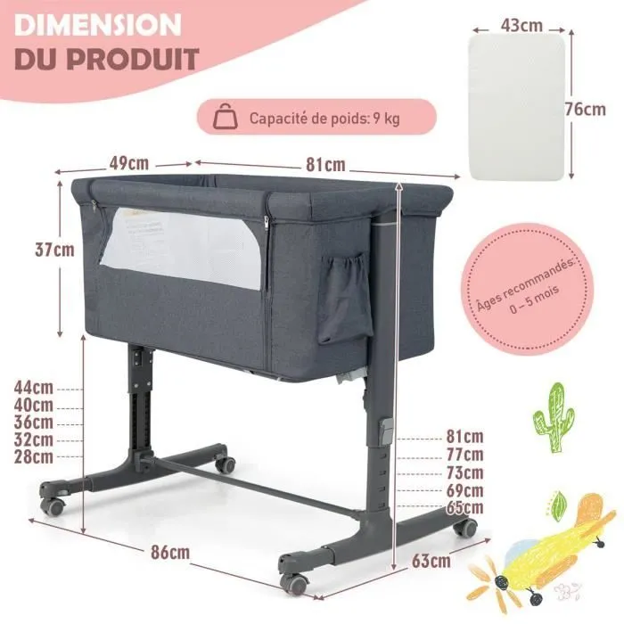 COSTWAY Lit Cododo Bébé à 5 Hauteurs Réglables, Charge 9KG, Lit Berceau Maille Respirante Sac de Voyage pour Bébé 0-6 Mois, Gris-1