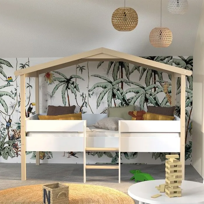 Lit cabane PILOTI 90x190 + 1sommier / Blanc et naturel-2