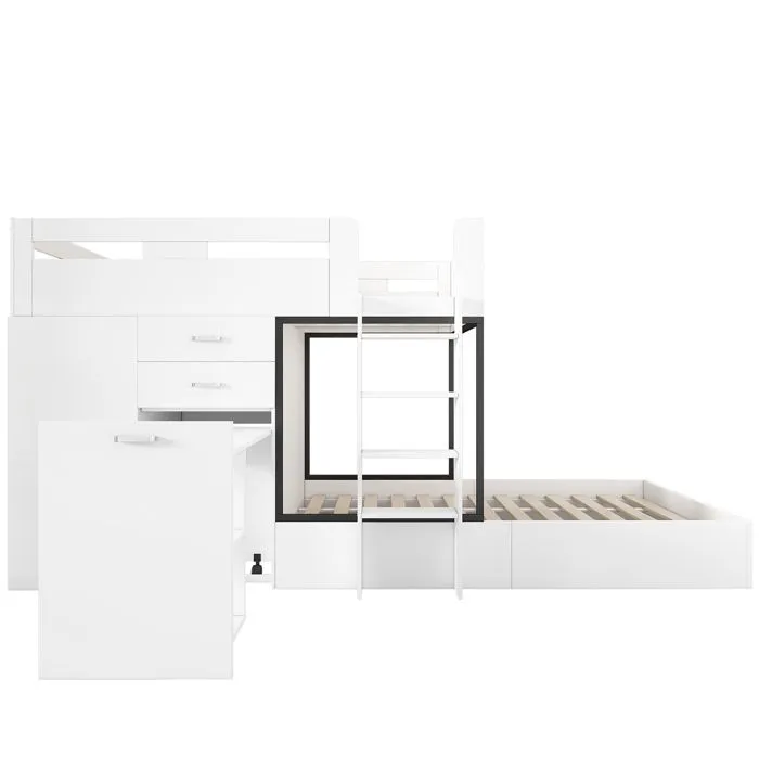 Lit superposé multifonctionnel - Blanc - 90x200 cm - Avec tiroirs - Style scandinave - 2 places-4