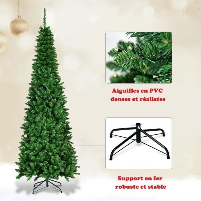 Sapin de Noël LED Artificiel 200cm COSTWAY-250 Lumières Blanc Chaud-708 Branches Aiguilles en PVC-Support Métallique Pliable-3