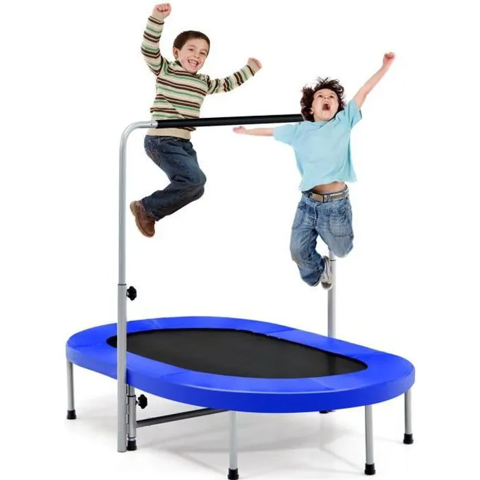 COSTWAY Trampoline Enfants Pliable Intérieur/Extérieur avec Main Courante Ajustable Coussin Tapis de Saut Charge 150kg Bleu-0