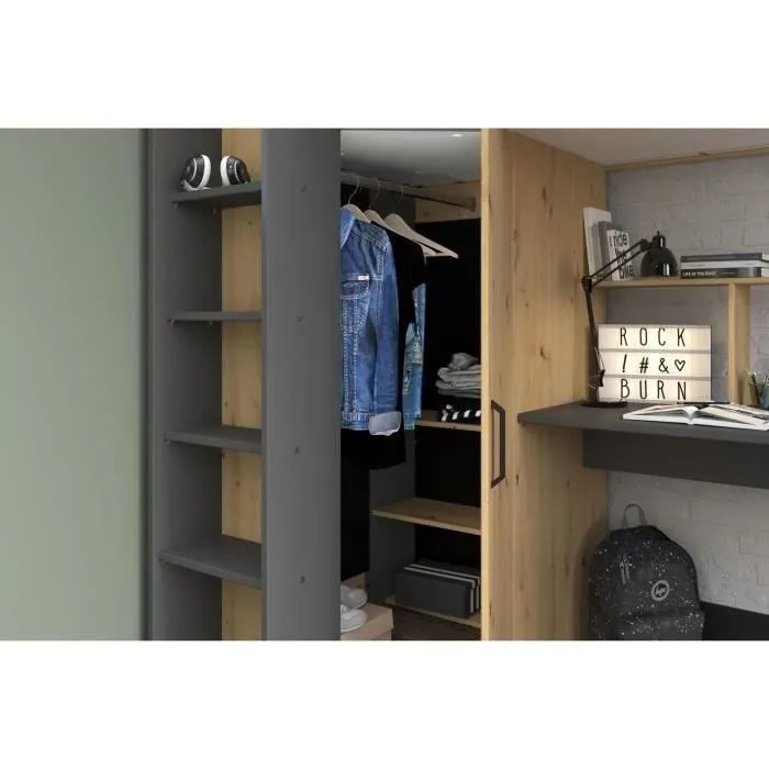 Lit combiné mezzanine enfant PARISOT HIGH - Chêne et gris - Sommier inclus - 90 x 200 cm-5