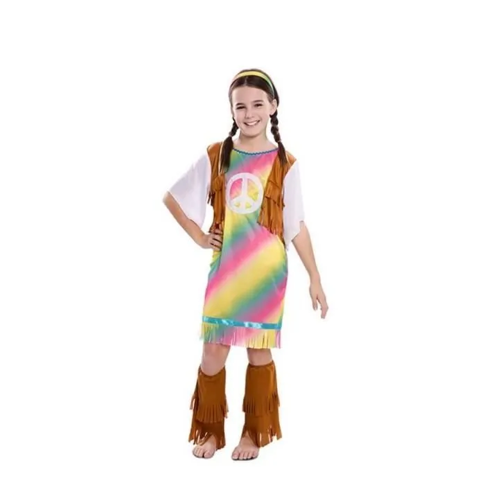 Déguisement Hippie Arc-en-Ciel Fille - Disfrazzes France - Robe, Gilet, Guêtres et Diadème-0