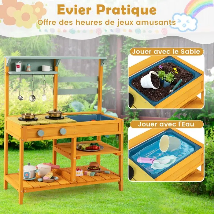 COSTWAY Cuisine Extérieure Dinettes à jouer pour Enfant 3 Ans+ en Bois de Sapin-1