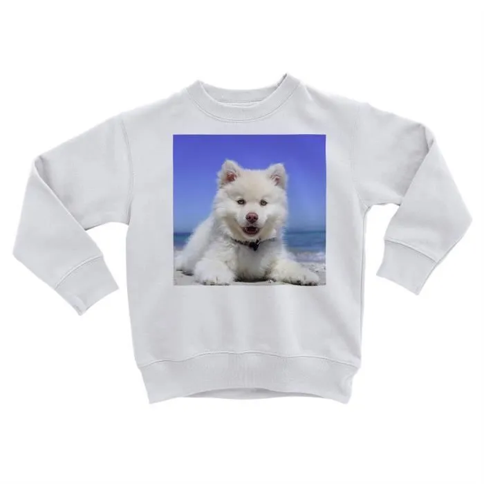 Sweatshirt Enfant Spitz Petit Chien Blanc de Race Chiot Bebe Mignon Plage-0