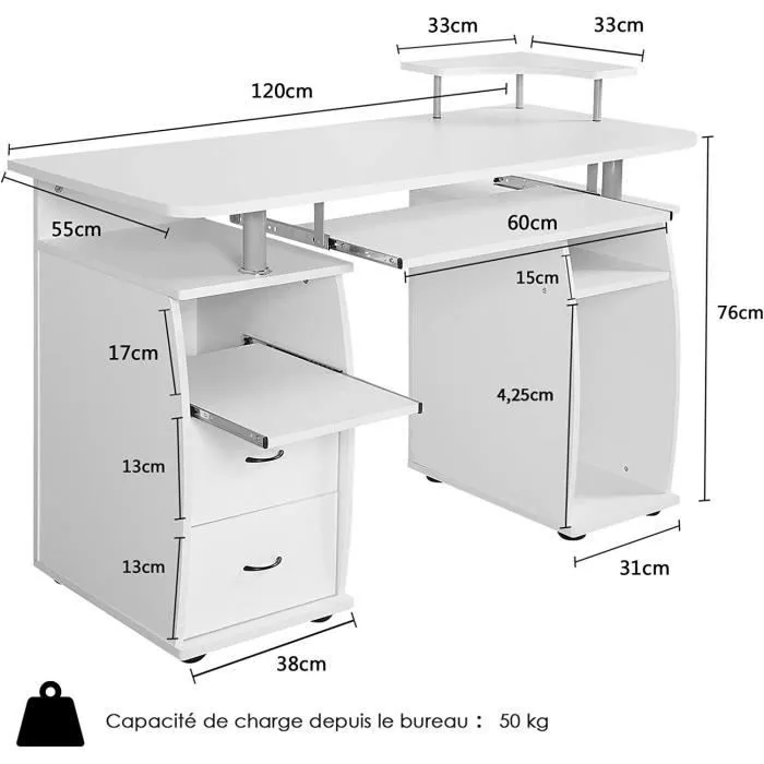 COSTWAY Bureau Informatique avec Rangement Imprimante, 2 Tiroirs, Coulissant Clavier, Table d'Ordinateur Blanc-3
