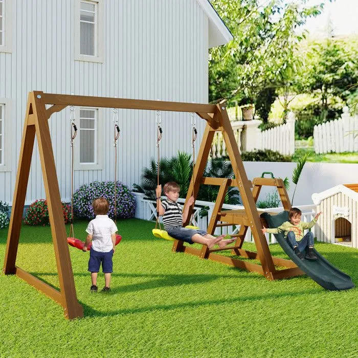 Balançoire robuste avec toboggan et échelle, cadre de balançoire en bois massif, 238,5x240x168,9 cm-0