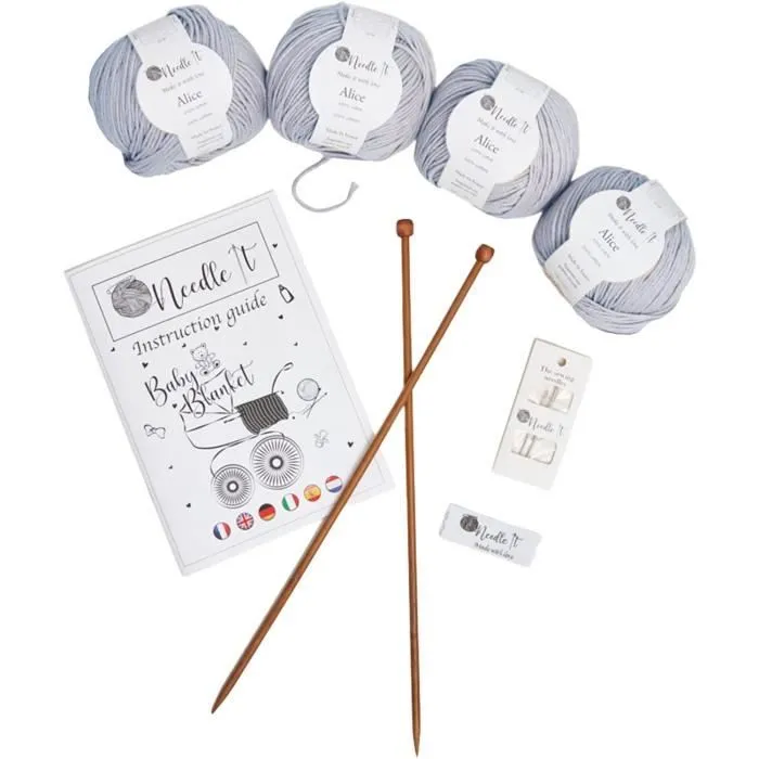 Needle It – Kit Tricot pour débutant complet avec aiguilles à tricot – Couverture bébé à tricoter soi-même (bleu ciel) - Idée Cadeau-1