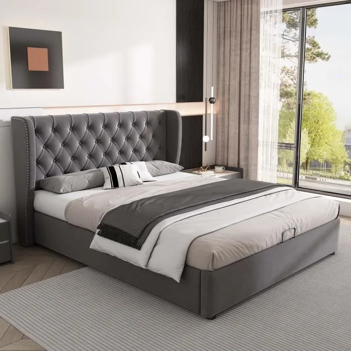 Lit adulte 140x190 cm - coffre de rangement avec sommier à lattes - tissu en velours, gris-1