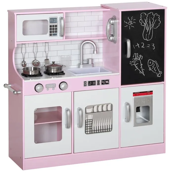 Cuisine enfant AIYAPLAY jouet d'imitation - dinette enfant de 3-8 ans téléphone, tableau noir, micro-ondes, cuisinière, évier, rose-0