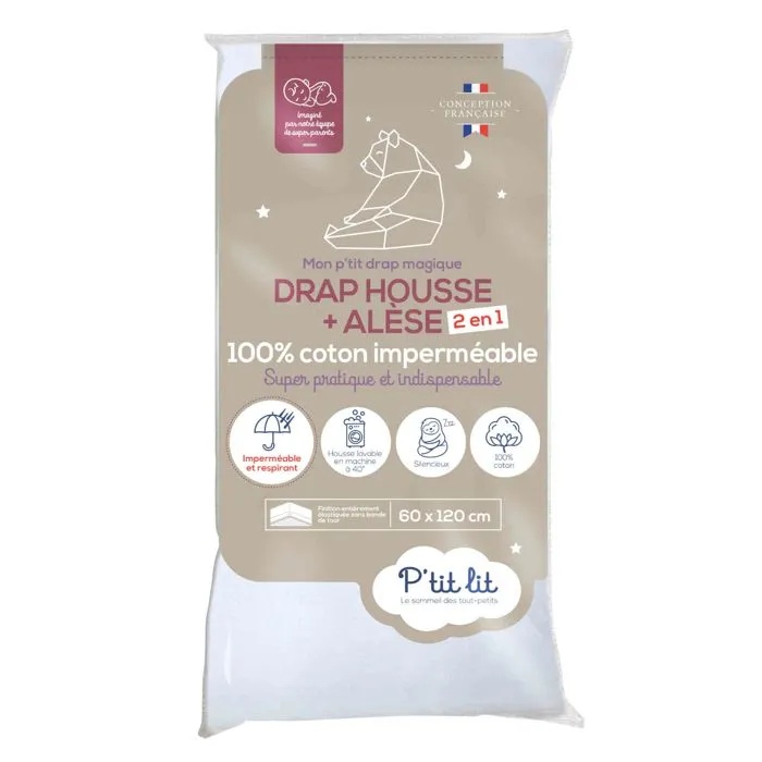 Drap housse bébé + alèse 2 en 1 coton imperméable blanc 70x140 cm - P'tit Lit-0