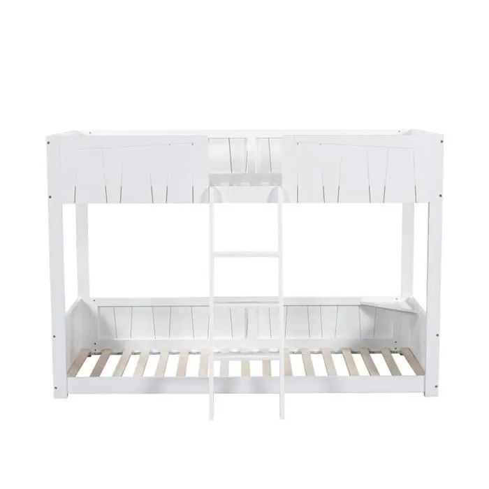 Lit superposé avec échelle à trois marches, design de la barrière de sécurité, cadre en bois massif, pin + MDF, blanc, 90x200 cm-2