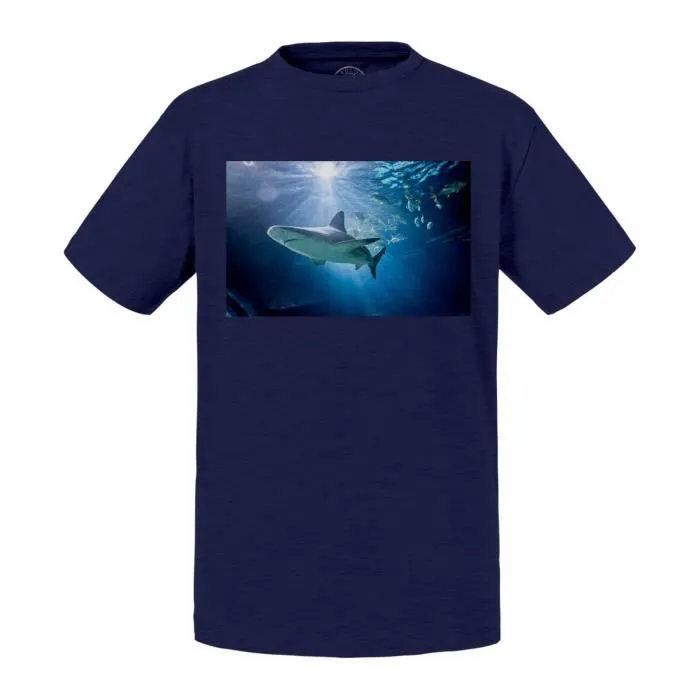 T-shirt Enfant Bleu Requin Gris Recif Fonds Marin Ocean Mer Plonge-0