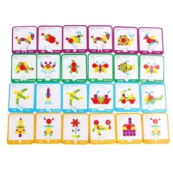 Jeu en bois formes géométriques - Montessori - Reproduction d'images - 155 pièces - 24 cartes - Bois-2