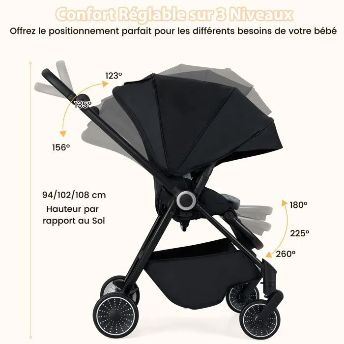 COSTWAY Poussette Canne Pliable Bébé avec Siège Réversible & Dossier Inclinable, Panier Inférieur, Harnais à 5 Points, 15 kg, Noir-3