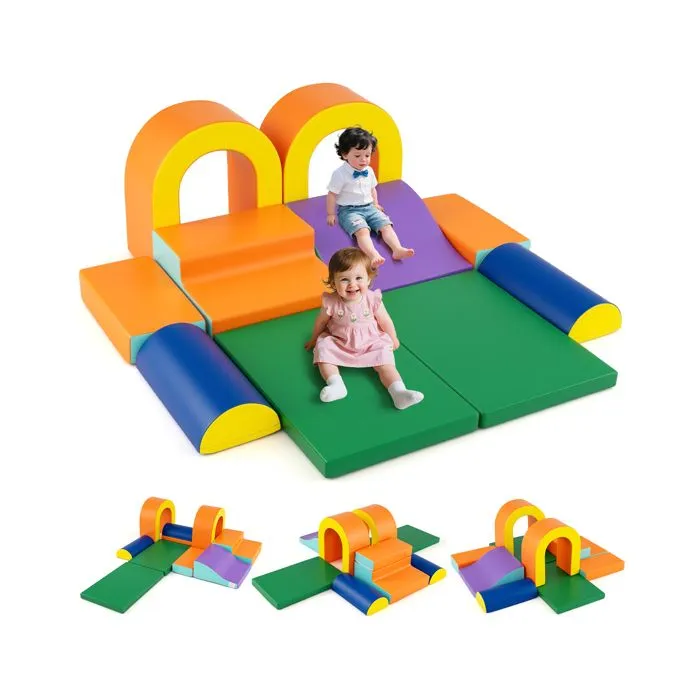 10 PCs Blocs de Construction en Mousse COSTWAY avec Toboggan & Escalier, Housse en Cuir & Bandes Agrippantes, 1 An+ Orange-0