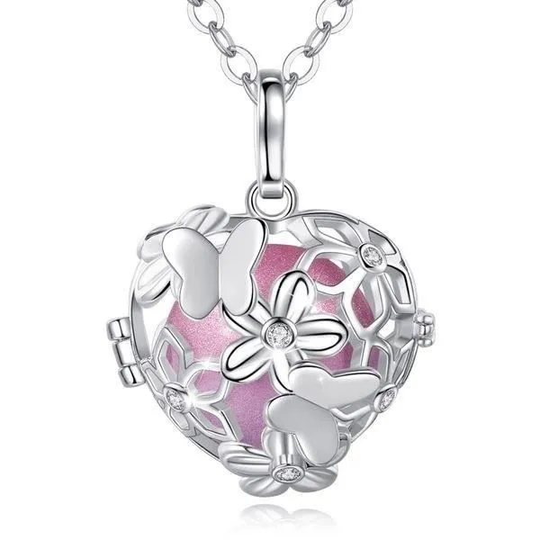 Bola de Grossesse Cage Coeur Fleurs et Papillons boule rose Collier-0