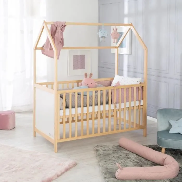 ROBA Lit Cabane Bébé Évolutif 70x140 cm - Convertible en Lit Junior et en Banc - Hauteur Réglable - Bois Laqué Blanc / Naturel-3