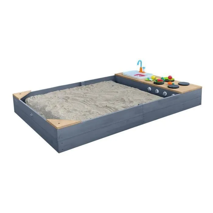 Bac à sable en bois avec banc et cuisine de jeu - AXI Kelly - Gris et marron-0