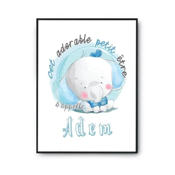 Affiche bébé prénom Adem Éléphant | Poster pour chambre bébé et enfant pour décoration murale qualité papier Premium A4-0
