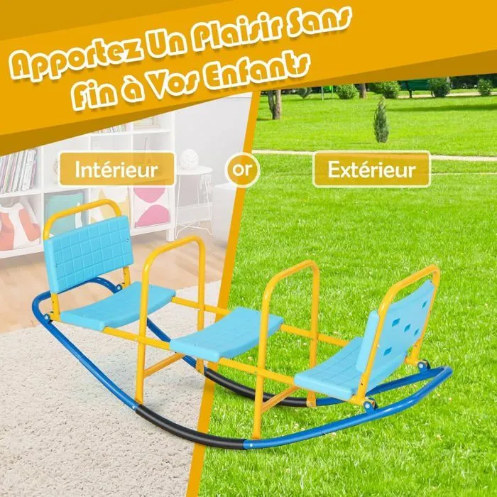 COSTWAY Balançoire à Bascule 2-3 Enfants Trébuchet en Métal Tape-Cul Jardin avec Poignées 3 - 8 Ans Station de Jeu Extérieure Bleu-4