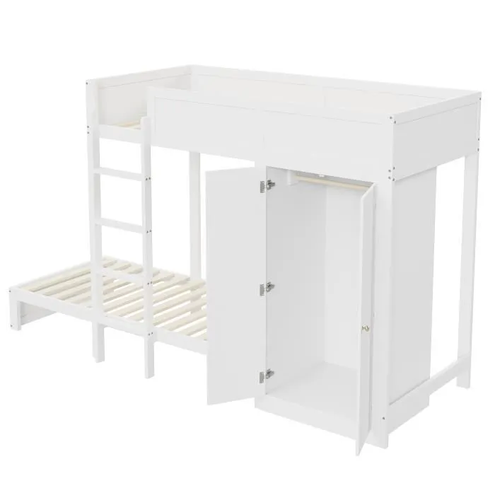 Lit superposé - Enfant - 90x200 cm - Blanc - Armoire intégrée - Escaliers de sécurité-2