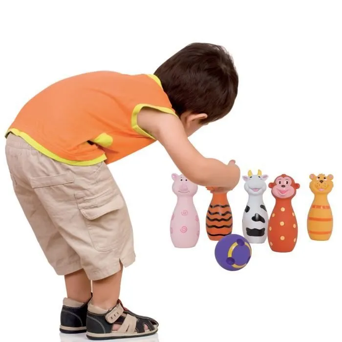 LUDI - Jeu de 5 quilles en forme d'animaux. Dès 10 mois. Plastique souple et résistant. Balle adaptée aux petites mains.-1