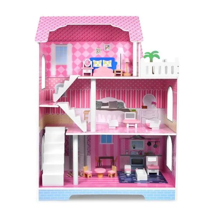 UISEBRT 3 étages Maison de poupée en bois Barbie, Grande villa de poupée avec meubles et accessoires(70 x 36 x 100 cm)-0