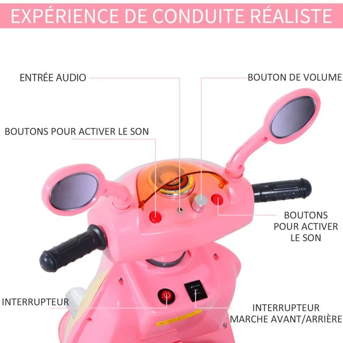 Moto scooter électrique pour enfants 6 V env. 3 Km/h 3 roues et topcase effet lumineux et sonore rose-5