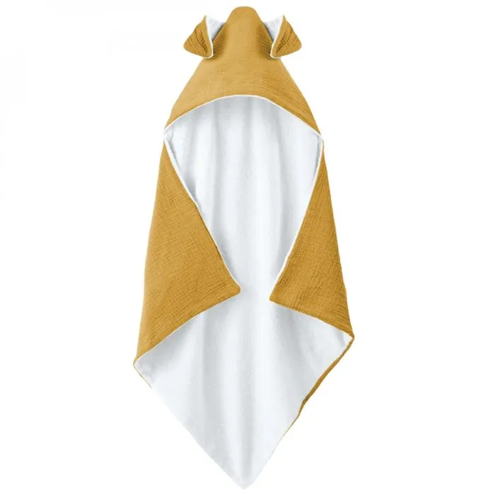Cape, sortie de bain pour bébé intérieur 100 % coton - 100 x 100 cm - Lapin - Moutarde - Monsieur Bébé-0