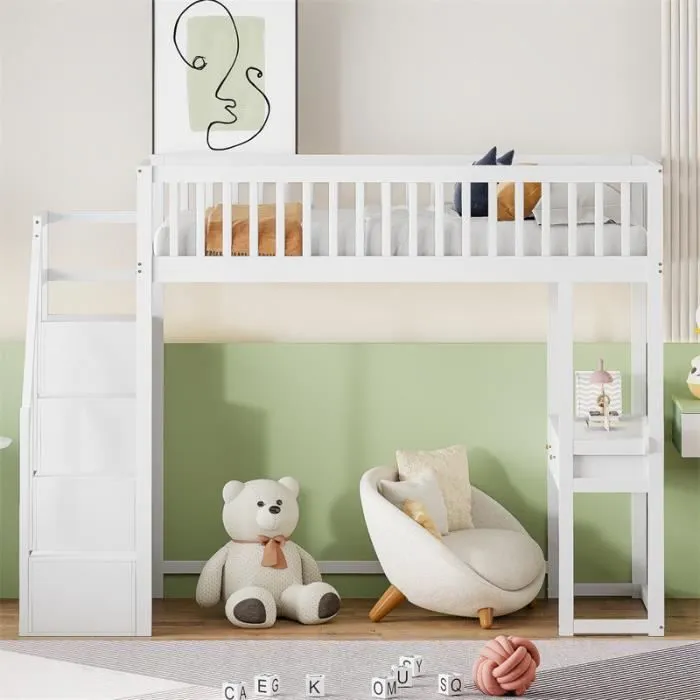 Lit mezzanine 90x200cm - lit enfant avec bureau avec tiroirs, escalier de rangement, sommier à lattes - cadre en pin- blanc-1