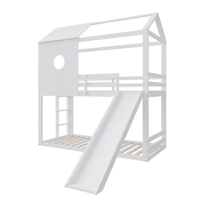 Lit superposé 90x200cm, lit cabane enfant avec échelle et toboggan, antichute, Pin + MDF, blanc-2