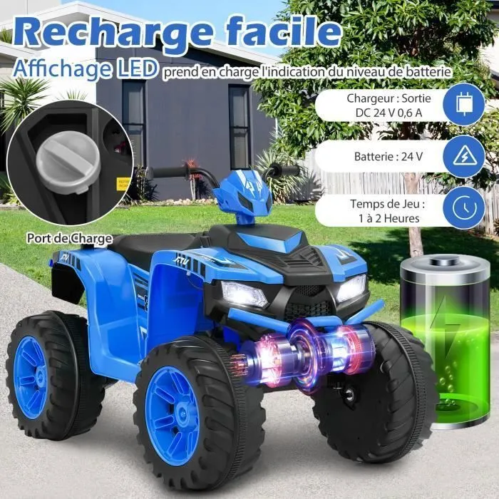 COSTWAY Quad Électrique 24V pour Enfants, avec LED, Musique, Radio, Démarrage en Douceur, pour Différents Terrains, 3 à 8 Ans, Bleu-1