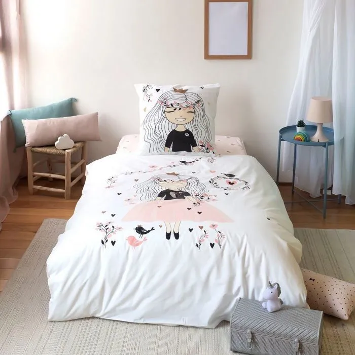 COTE DECO KIDS Parure de lit enfant - motif Princesse - 100% coton - housse de couette 140x200 cm + 1 taie d'oreiller 63x63 cm-0