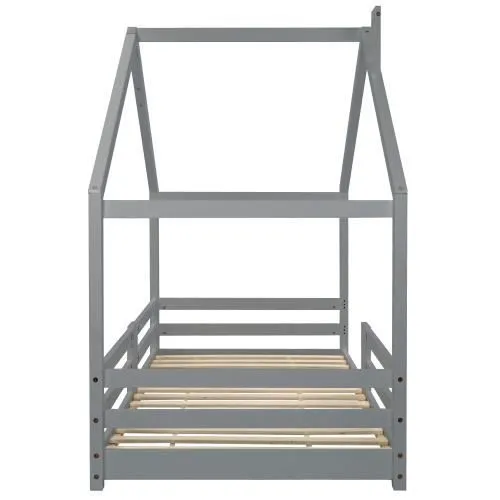 Merax Lit cabane pour enfant avec cheminée 90x200cm - Protection contre les chutes - Sommiers à lattes - Bois pin massif - Gris-2