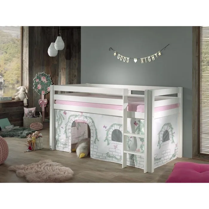 Lit mi-hauteur Charlotte en pin massif avec tente de lit Birdy - Vipack - Blanc - 90x200cm - Sommier inclus-2