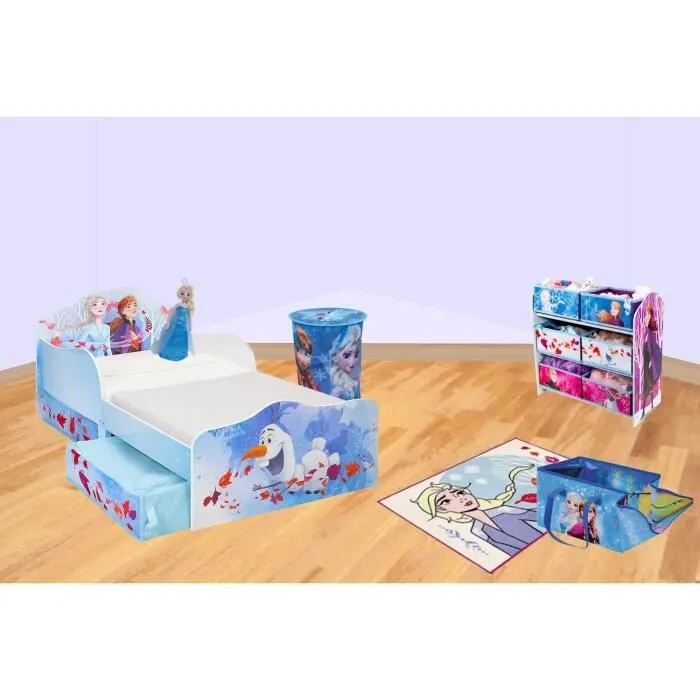 REINE DES NEIGES Pack chambre 6 éléments : Lit 140x70 cm sans matelas, Meuble rangement, Tapis, Peluche, Tapis de jeu, Sac à linge-0