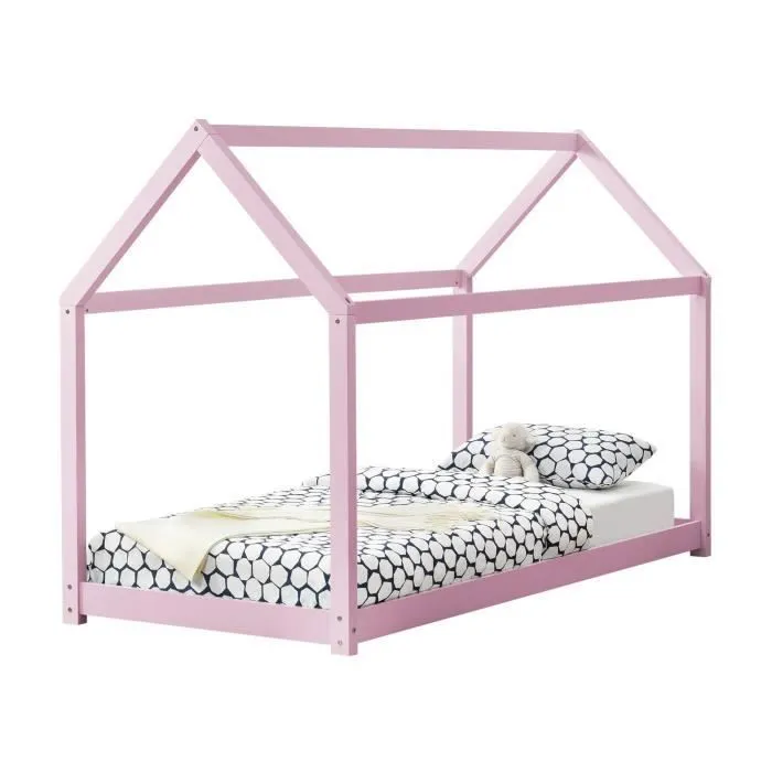 [en.casa] Lit Enfant Design Maison Cadre Structure Lit Bois Blanc Cabane 206 x 98 x 142 cm Rose-0
