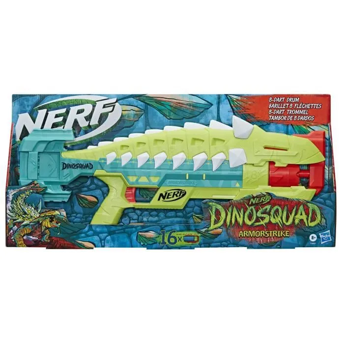 Nerf DinoSquad Armorstrike blaster à fléchettes, barillet rotatif 8 fléchettes, 16 fléchettes Nerf Elite, design d'ankylosaure-0