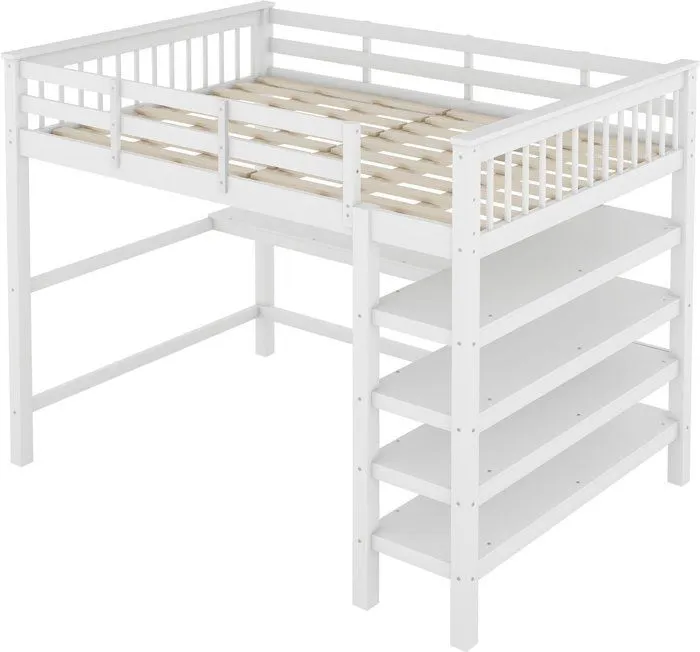 Lit mezzanine - Blanc - 140 x 200 cm - Bureau intégré - Structure en pin et MDF - 2 places-4