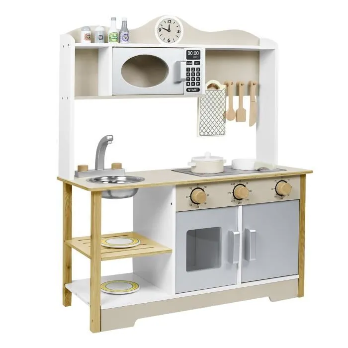 UISEBRT Cuisine en Bois Enfant, Ensemble de Jouets de Cuisine avec Accessoires Tels que Micro-ondes, Four, Évier(68x26x78cm)-0