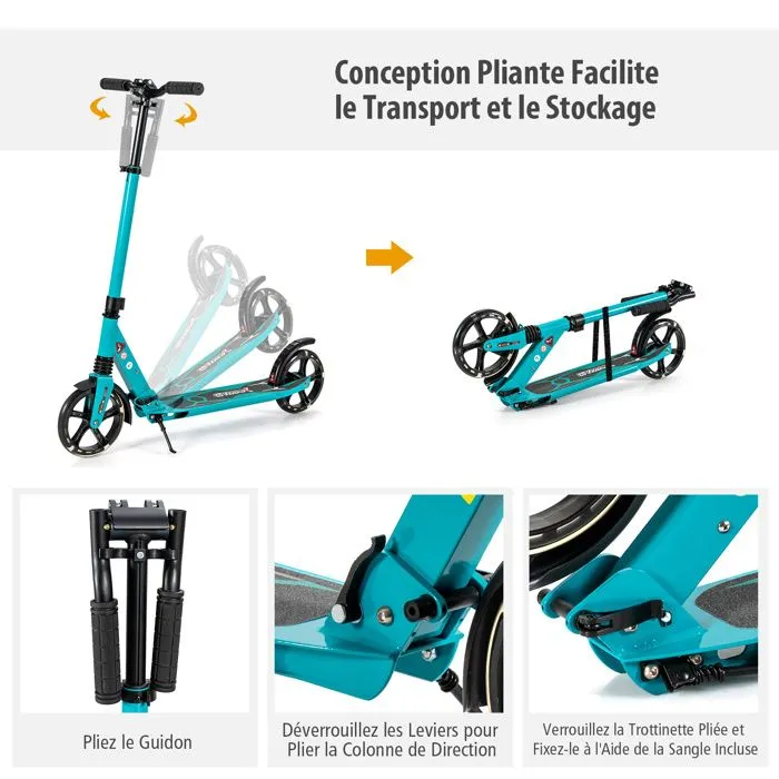 COSTWAY Trottinette Pliable pour Enfants 2 Roues Eclairée avec Barre en T 3 Hauteurs Réglables Plateau Antidérapant 100KG Vert-2