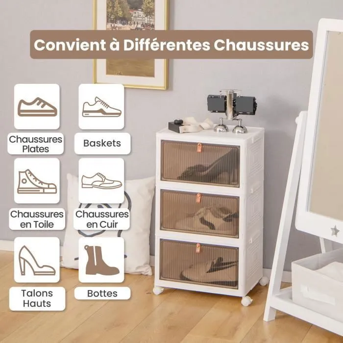 COSTWAY Boîte Rangement Plastique 3 Niveaux, 360° Roulette Verrouillable, Boîte à Chaussures avec Porte Magnétique Transparente-2