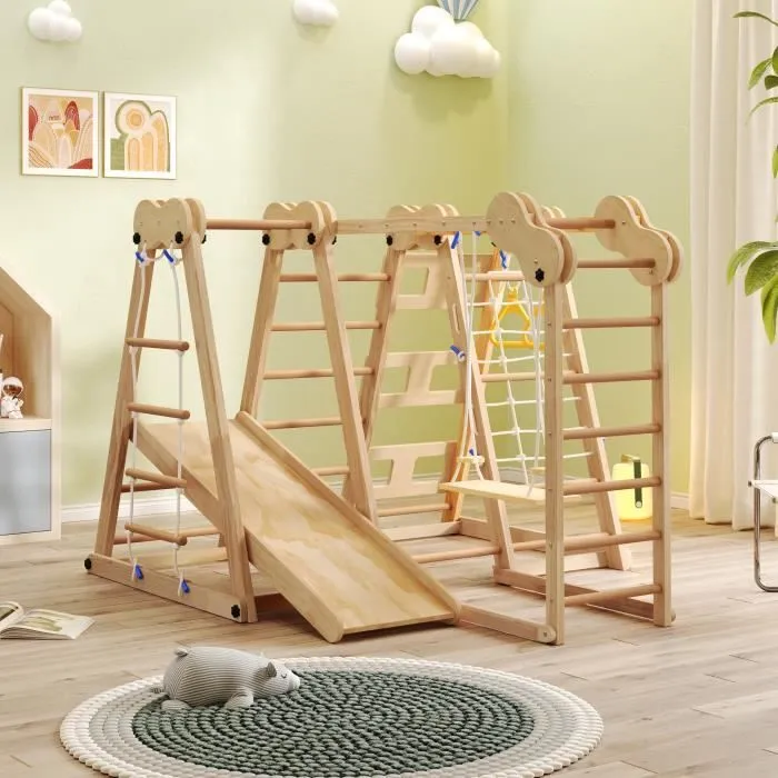 Aire de jeu 7 en 1 - DREAMMESPACE - Toboggan, balançoire, escalade - Bois massif - 3-8 ans-0