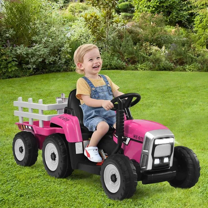 COSTWAY 12V Tracteur Électrique Enfants à 6 Pneus - Pelle, Remorque Amovible, LED, Musique - Télécommande 2,4G, 3-8km/h, Rose-5