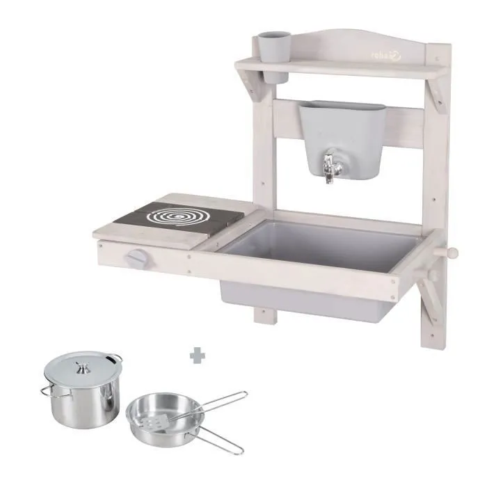 ROBA Jeu Cuisine Enfant à Suspendre pour Extérieur avec Bac Amovible - Jouet d'Imitation avec Accessoires - Bois Massif Gris-0