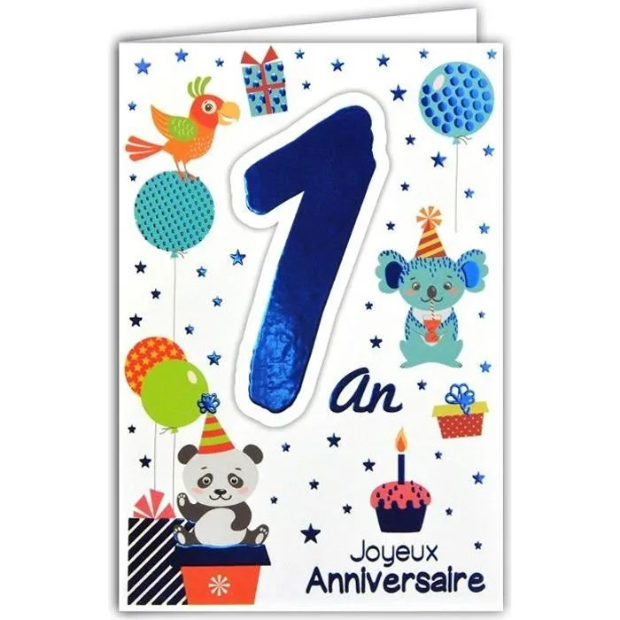 69-2100 Carte Joyeux Anniversaire 1 an Bébé Garçon Fille - Hérisson Cadeau Montgolfière Ballon Oiseaux 2233-0